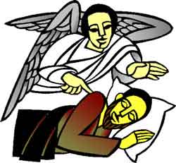 Angel appearing to Joseph while he sleeps.