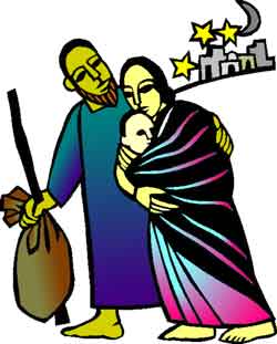 Joseph, Mary, and infant Jesus leaving Bethlehem, fleeing to Egypt.