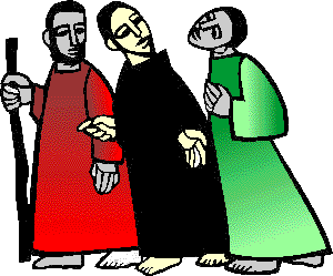 Jesus walking with two disciples on road to Emmaus.