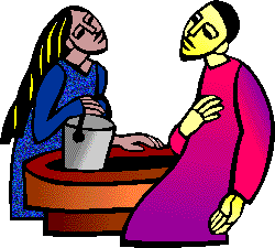 Jesus talking to woman who holds a bucket at a well.