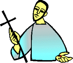 Jesus with one open hand, other hand holding cross.