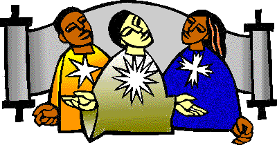 Jesus standing between man and woman, each with star over heart, and large scroll draped around all three.